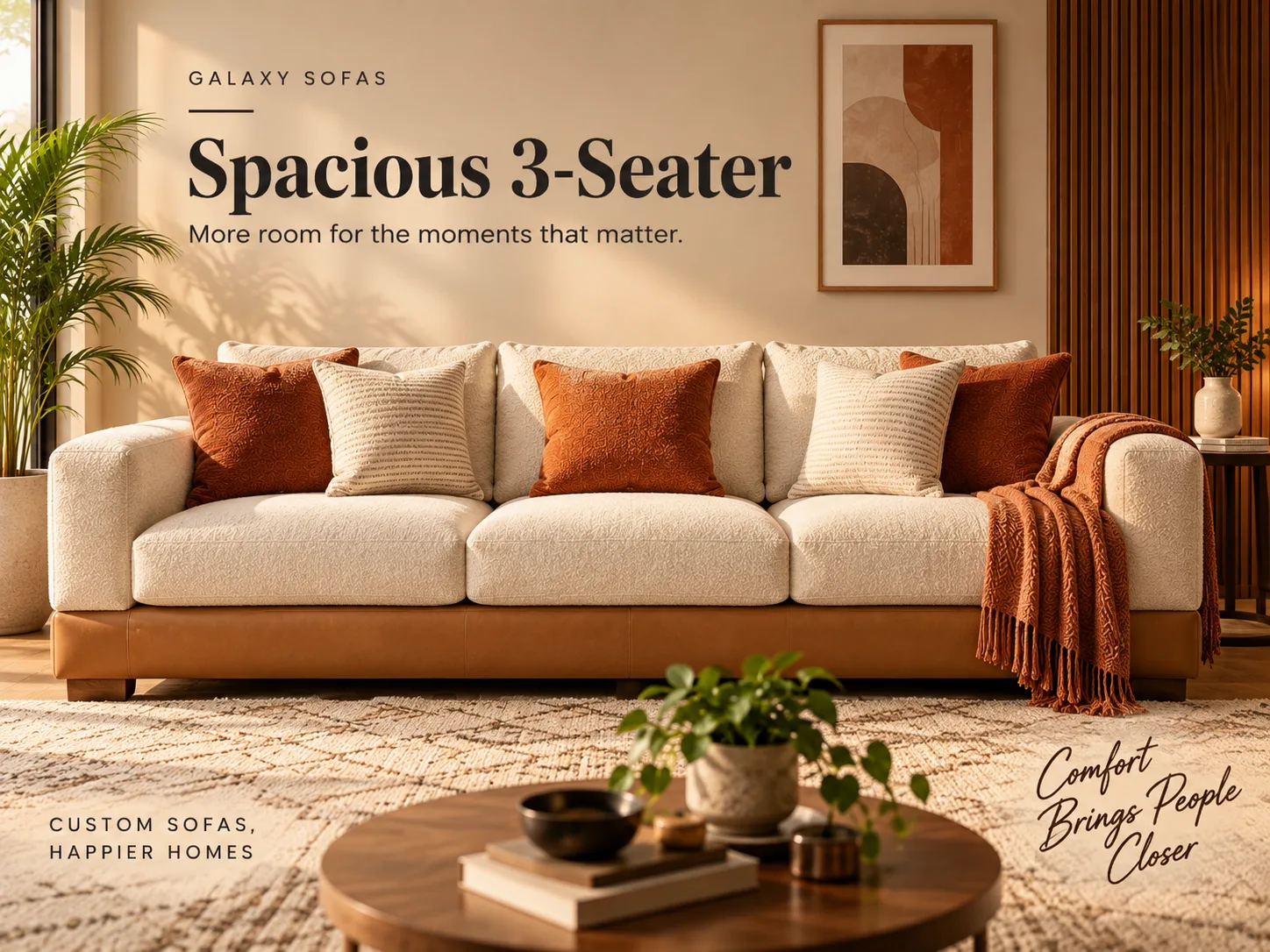 A three seater sofa placed and styled in a bright living room after delivery