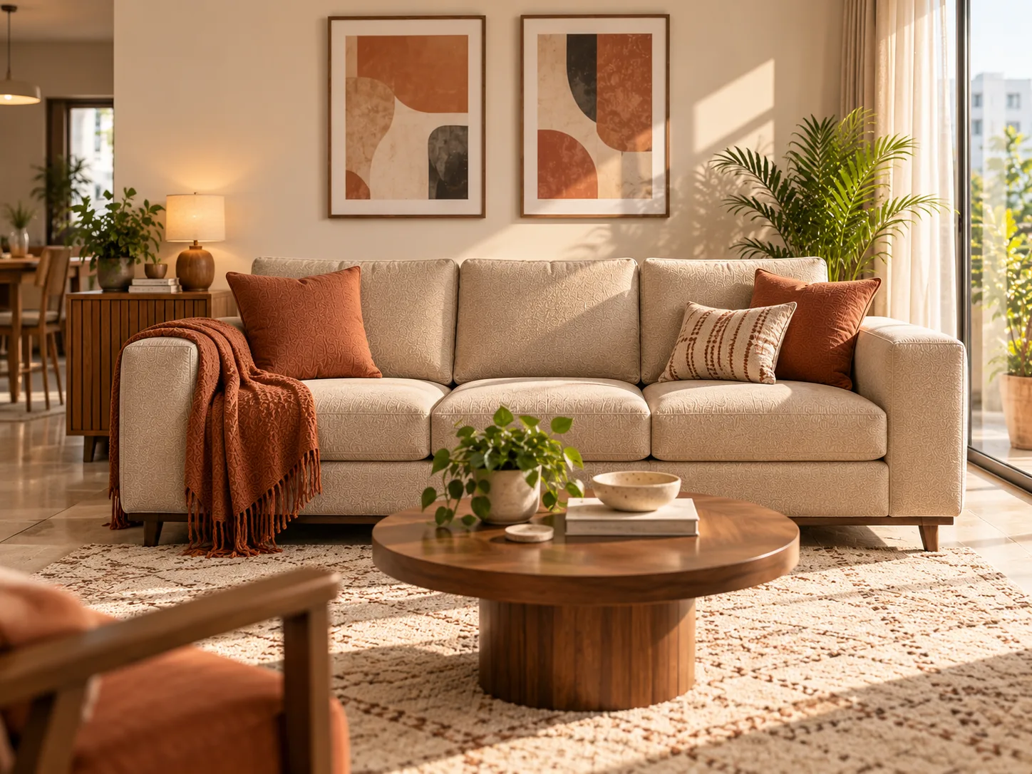 Compact three seater in cream fabric with a rust throw, beside a balcony window in a modern apartment
