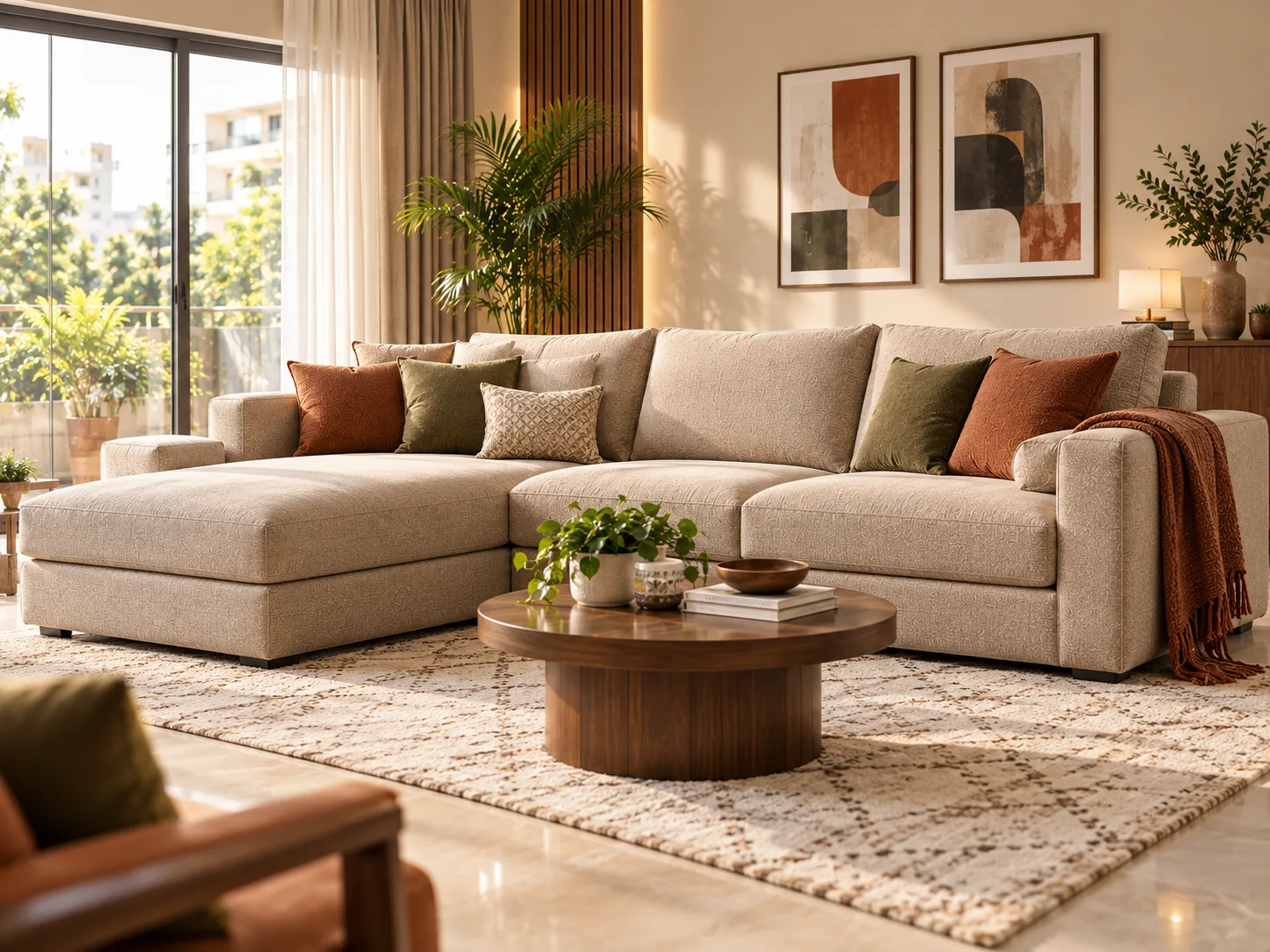 Cream L shape sofa with a chaise, rust and olive cushions, in a sunlit living room with a round walnut table