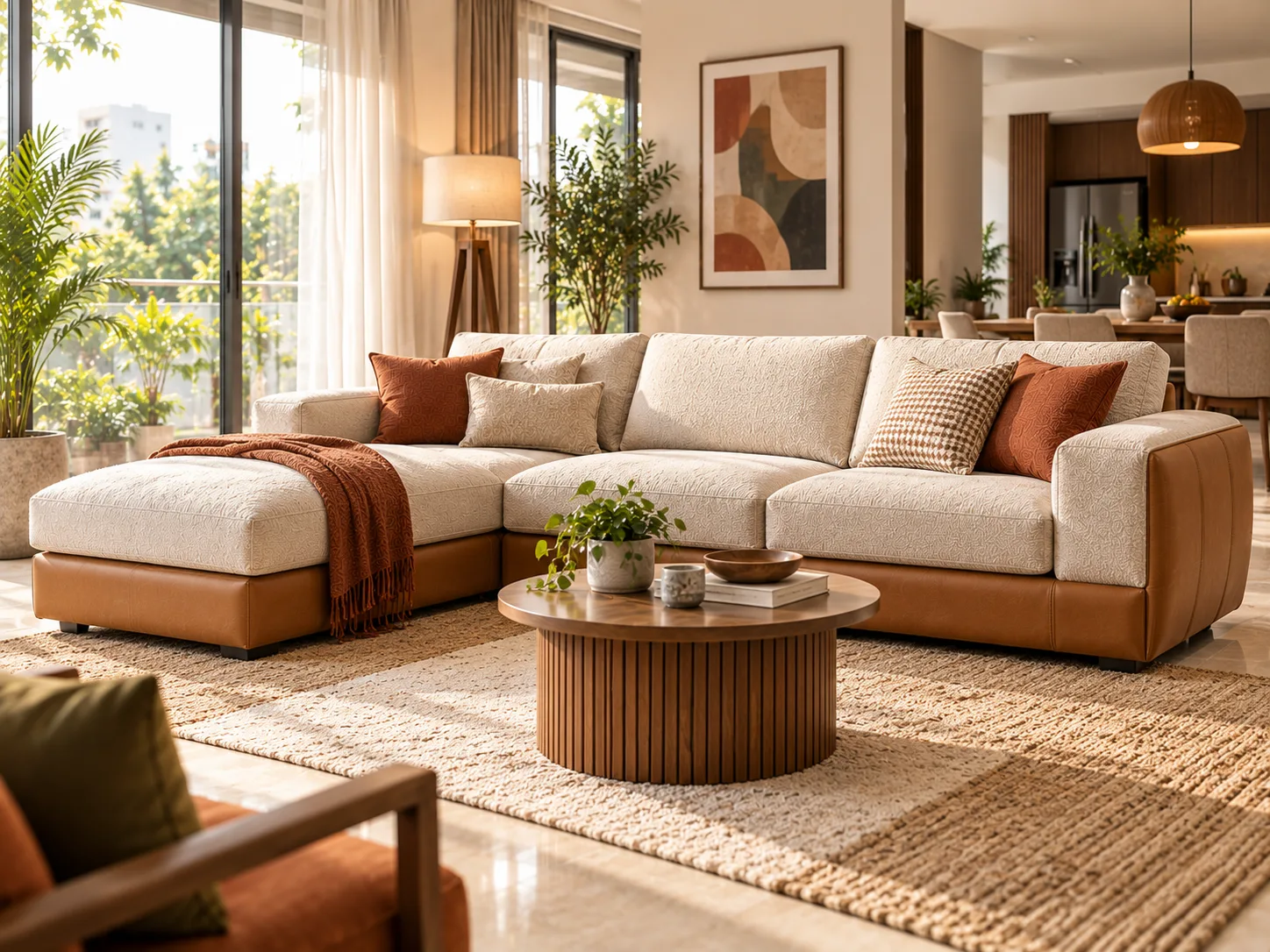 Modular L shape sofa in cream fabric on a tan leather base, in an open-plan living and dining room