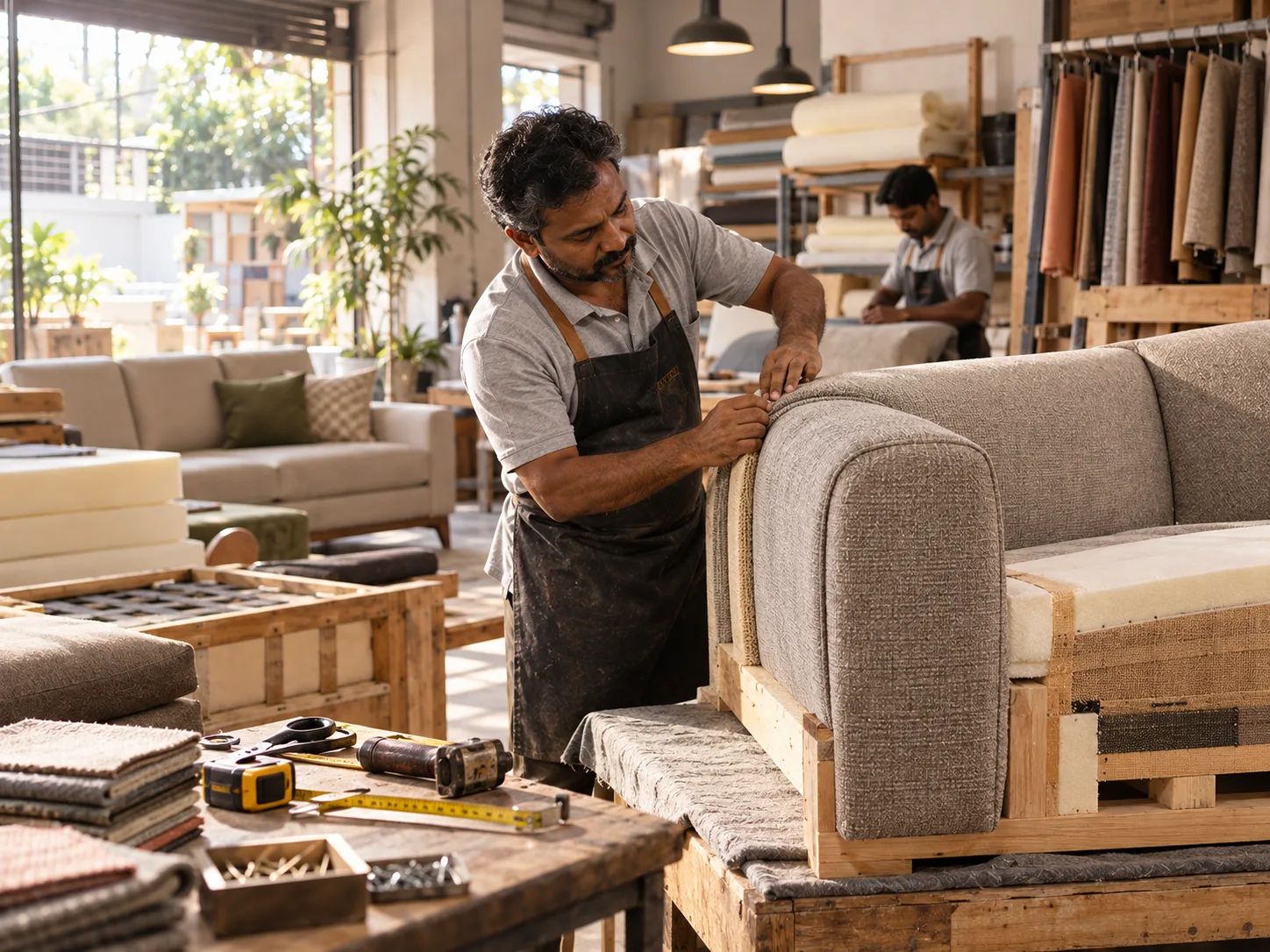 A Galaxy Sofas upholsterer fitting fabric to a sofa frame at the workshop bench, with foam, swatches and tools beside him