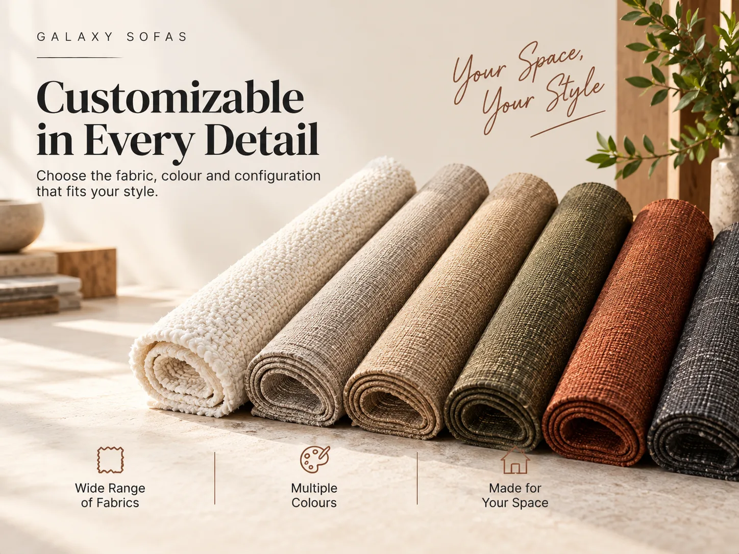 Six upholstery fabrics rolled side by side — cream boucle, grey and beige weaves, olive, rust and charcoal — from the range offered on custom builds