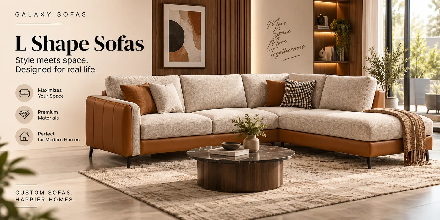 Aurora and Nova L shape sofas made by Galaxy Sofas in Chennai