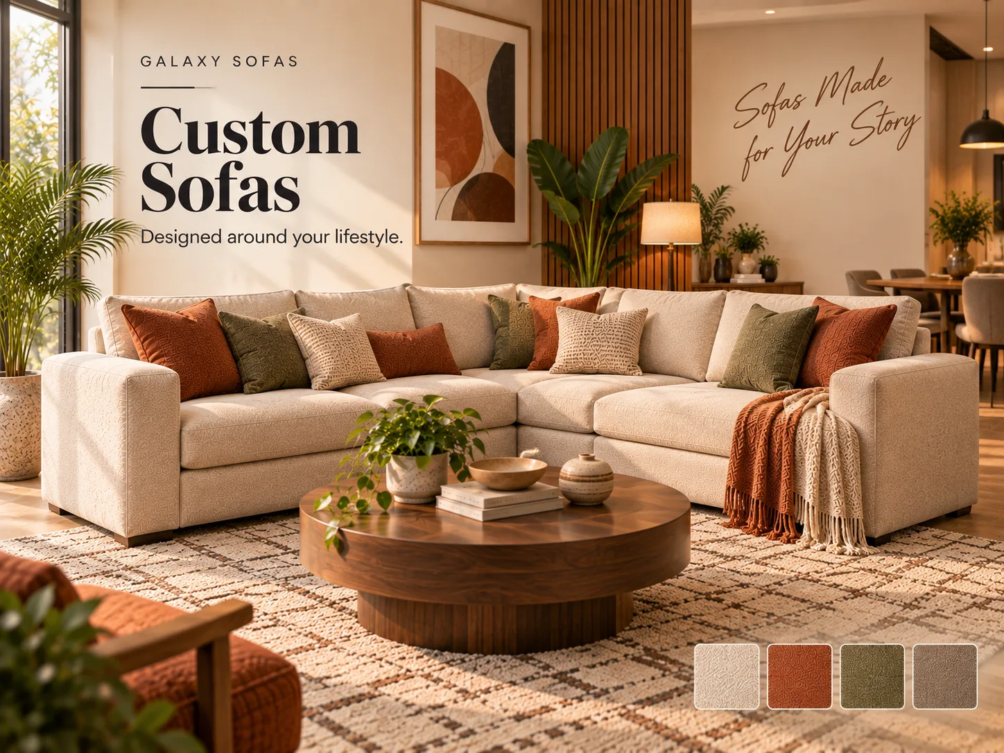 A bespoke corner sofa in beige fabric, built to fit the wall of a living room