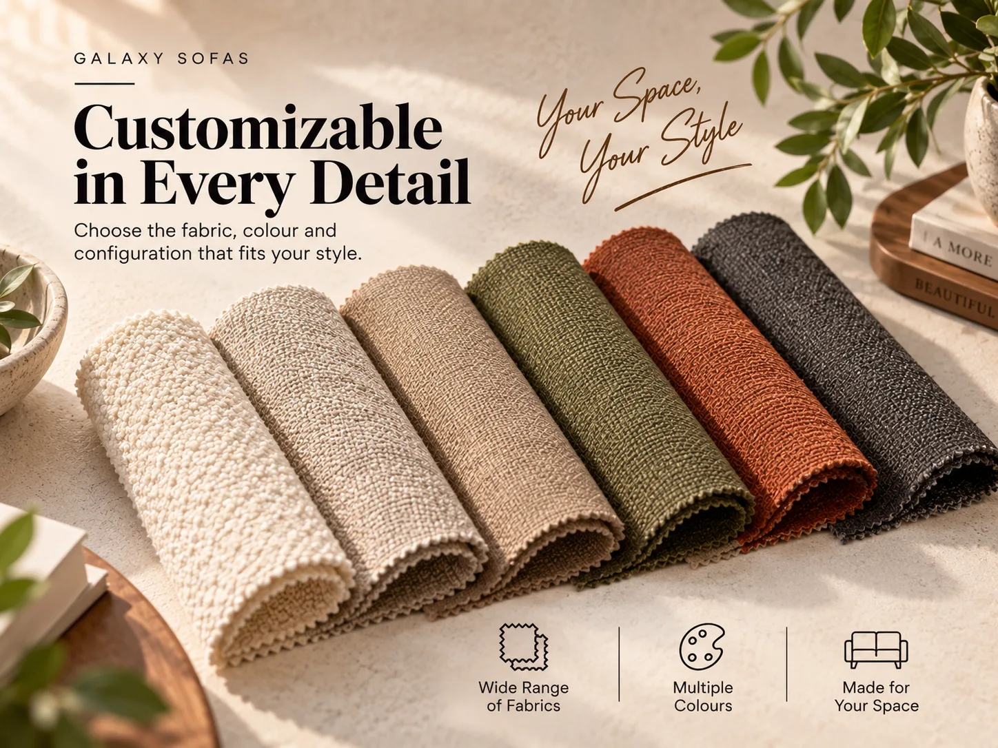 Upholstery fabric swatches in neutral and earth tones, fanned out for comparison