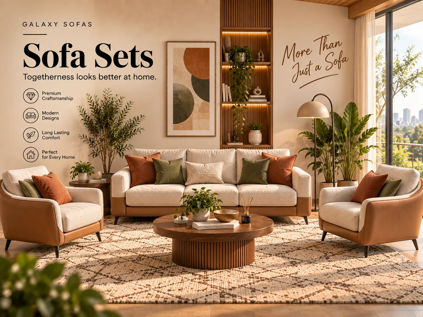 Harbour 3+1+1 set — three seater and two armchairs in cream on tan bases