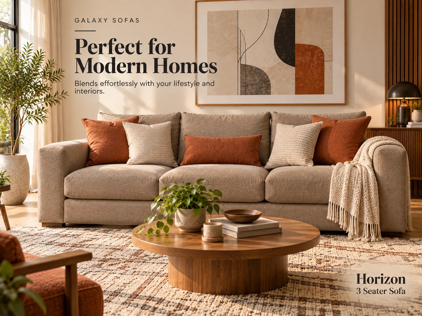 Horizon three seater in taupe fabric with rust cushions