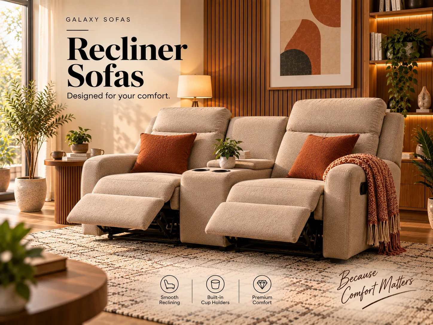Luna dual recliner with a centre console between the seats