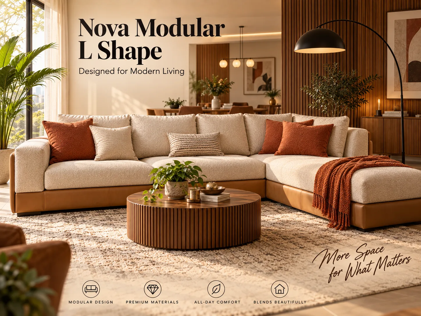 A modular L shape sofa in light grey fabric with a low, modern profile