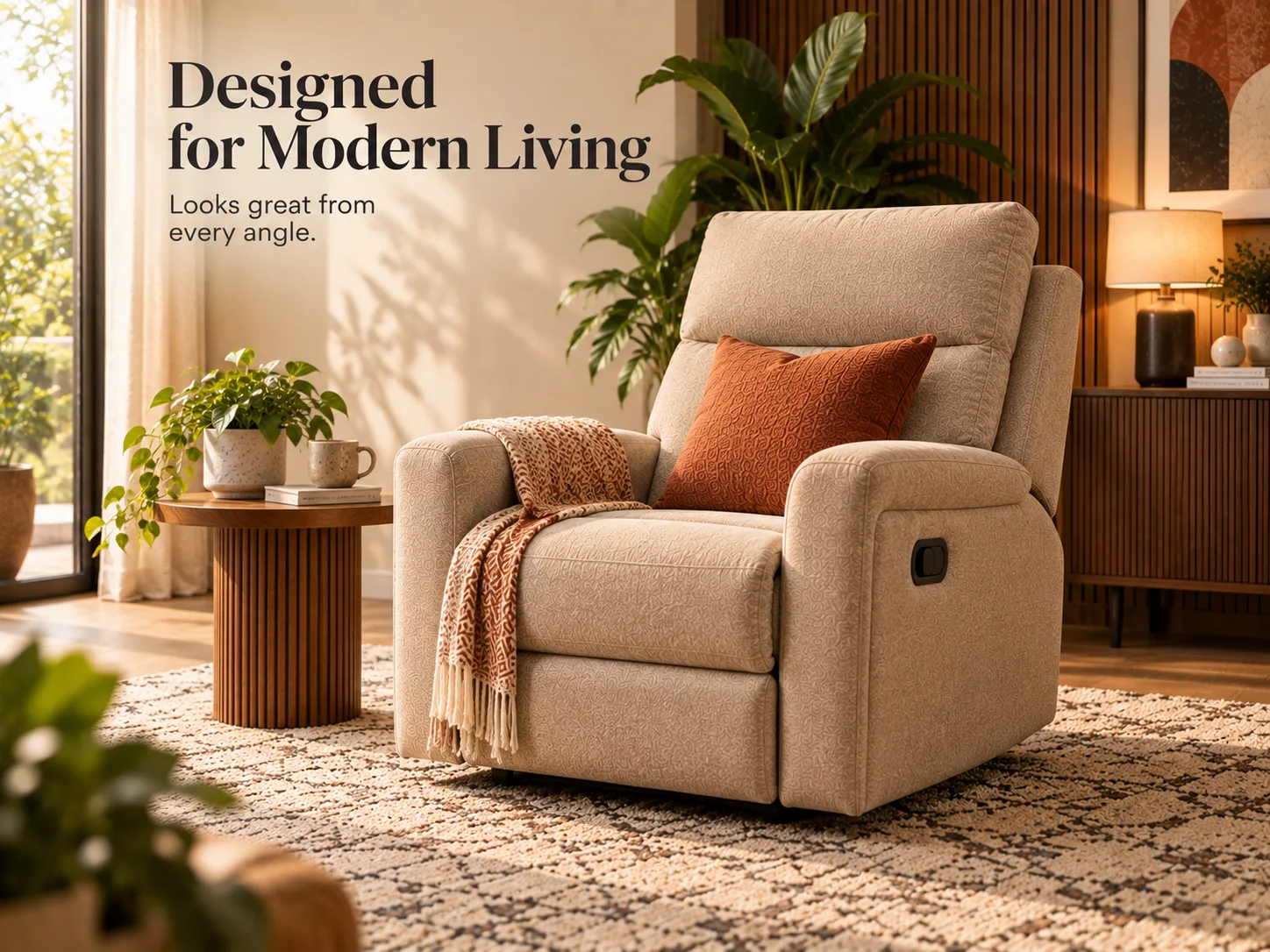 Orbit single recliner in beige fabric on a patterned rug