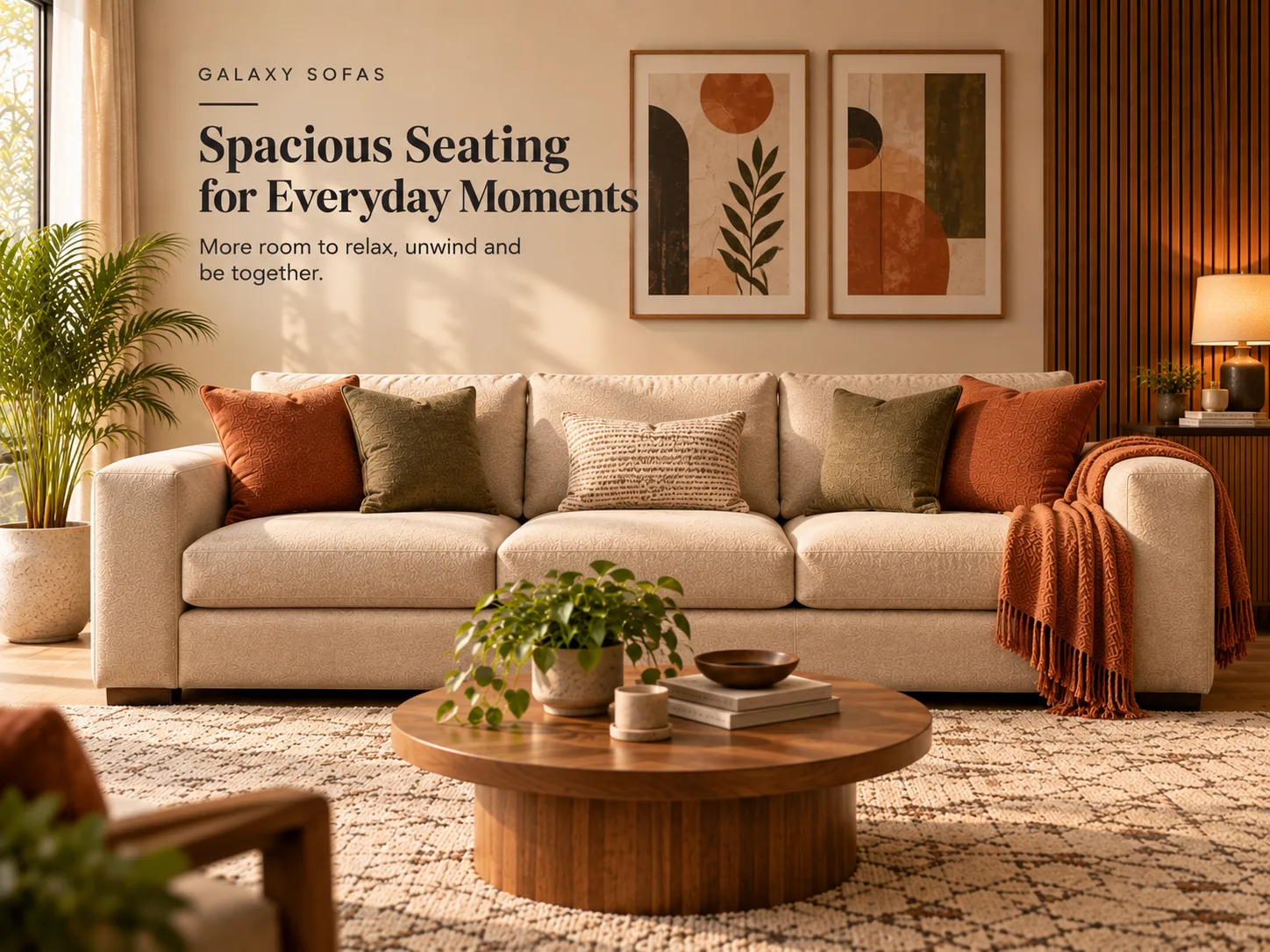 Stellar three seater below a pair of framed prints