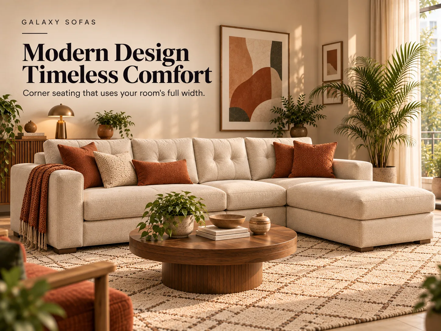 Aurora L Shape Sofa in cream fabric with rust and cream cushions, the chaise on the right, in a sunlit living room