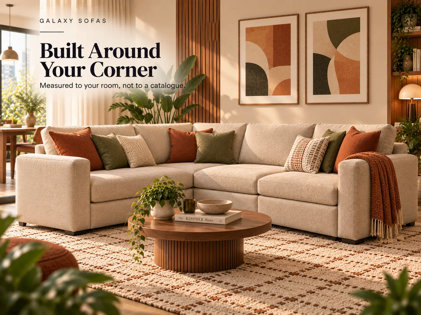 Bespoke Corner Custom Sofa in cream fabric with rust, olive and cream cushions, built to turn a room corner
