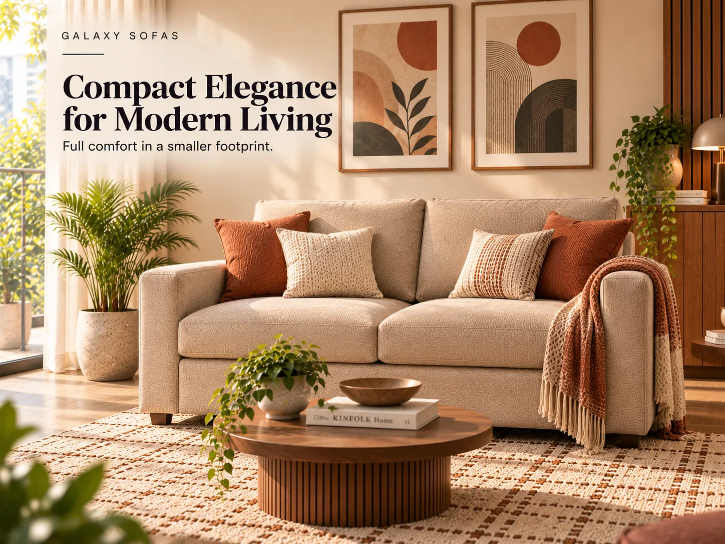 Compact 2 Seater Sofa in cream fabric with rust and cream cushions, beside a balcony window