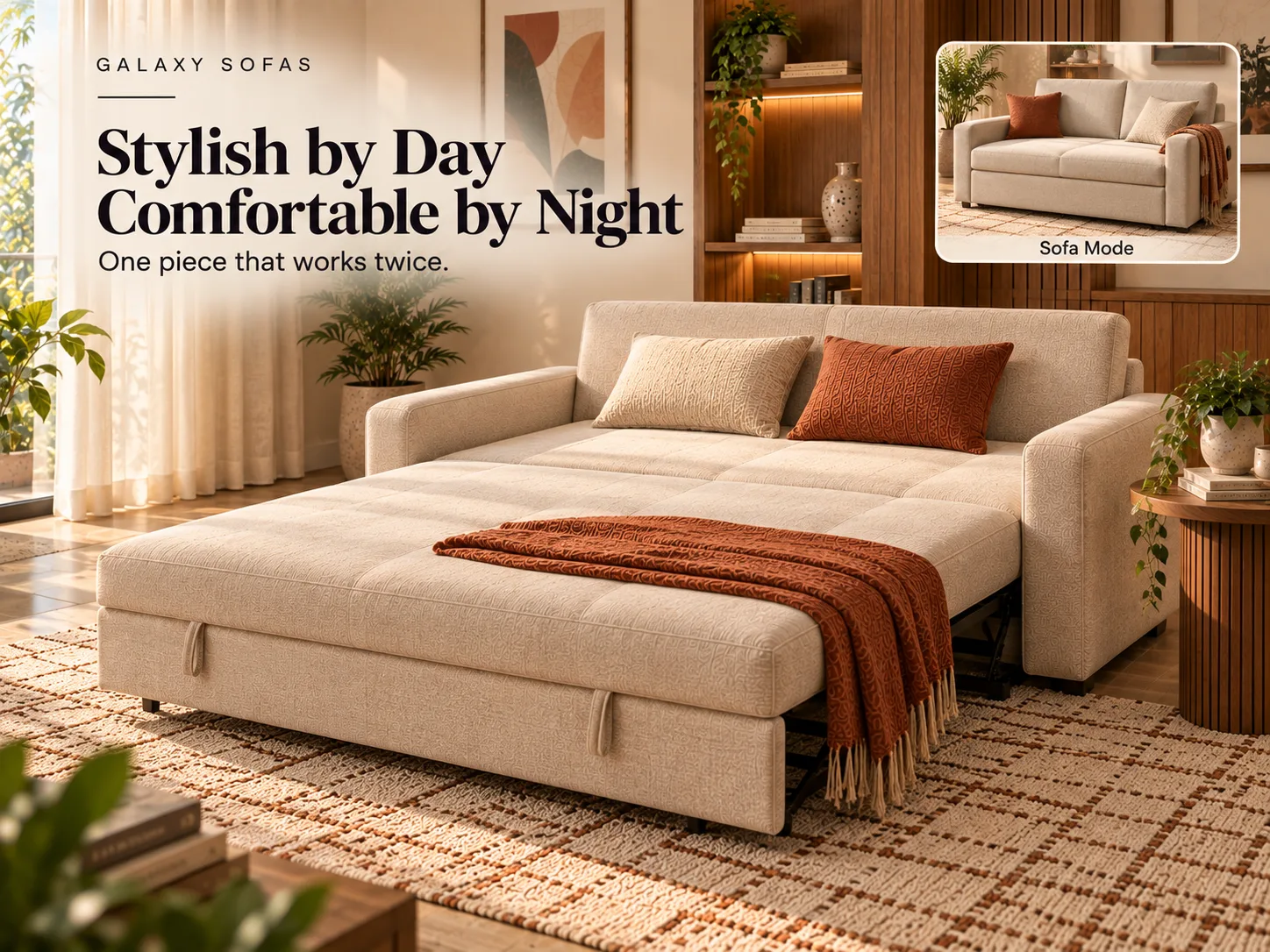 Cosmos Sofa Cum Bed opened out into bed mode with a rust throw, with an inset photo showing it closed in sofa mode
