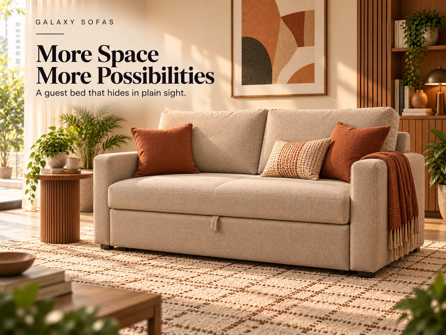 Eclipse Sofa Bed closed as a two seater in cream fabric, with rust cushions and a pull tab on the seat front