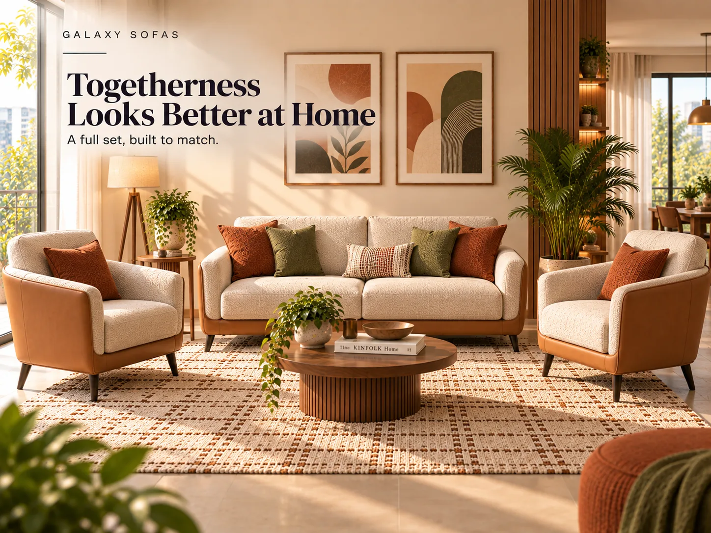 Harbour 3+1+1 Sofa Set — a three seater and two armchairs in cream fabric on tan leather bases