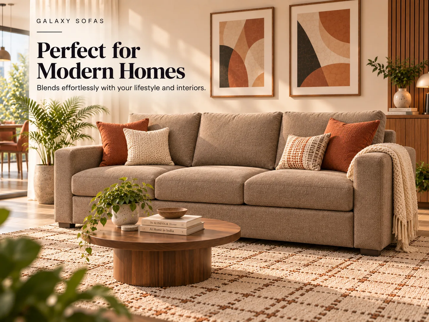 Horizon 3 Seater Sofa in taupe fabric with rust and cream cushions, below a pair of framed prints