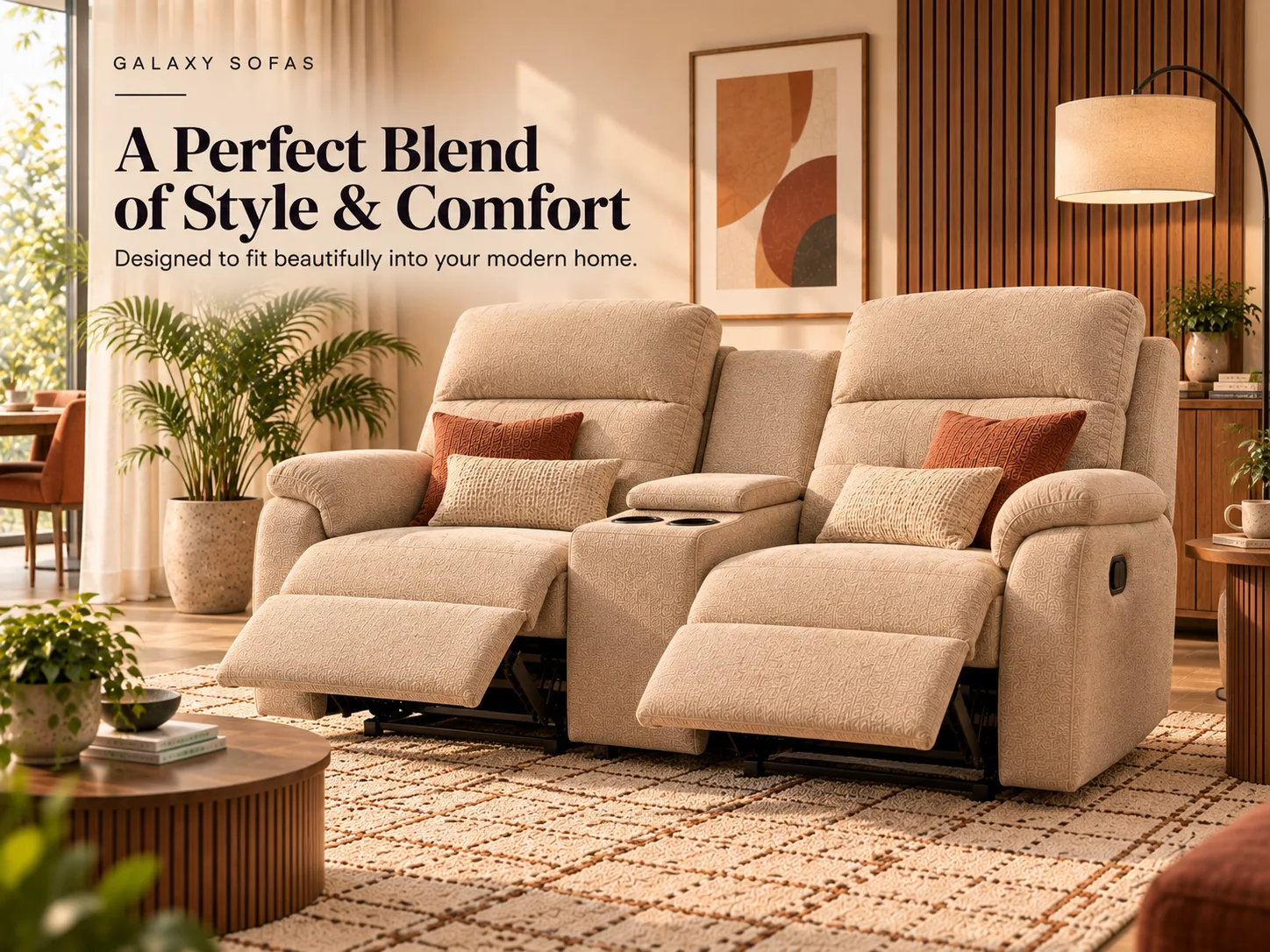 Luna Dual Recliner in beige fabric with both footrests extended and a centre console with cup holders