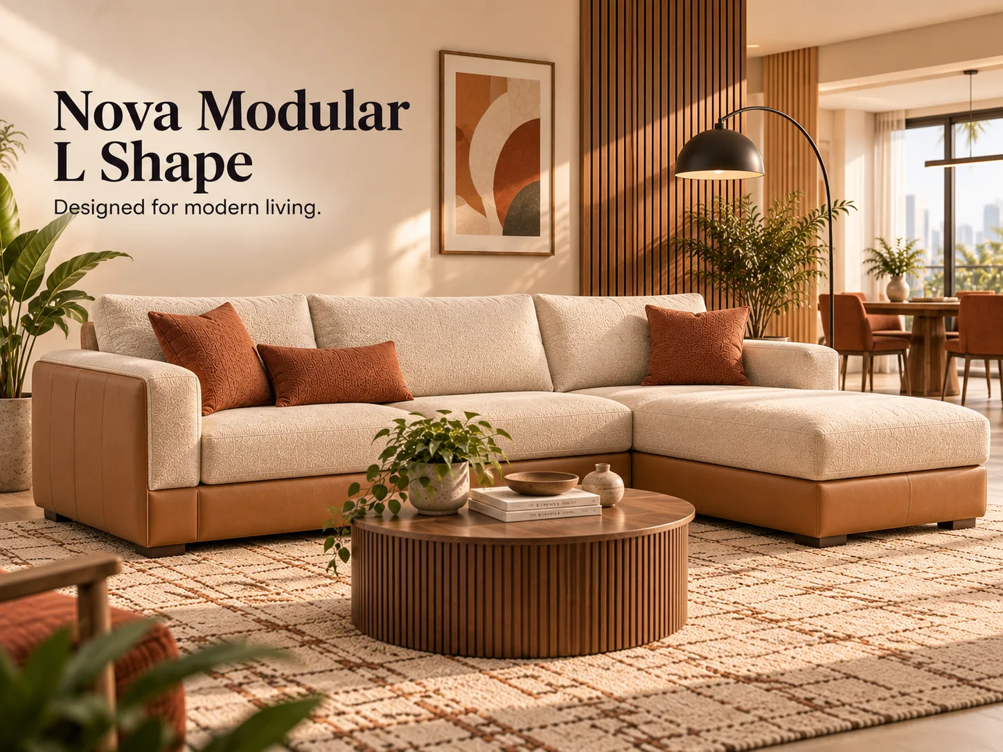 Nova Modular L Shape in cream fabric on a tan leather base with rust cushions, in an open-plan living and dining room
