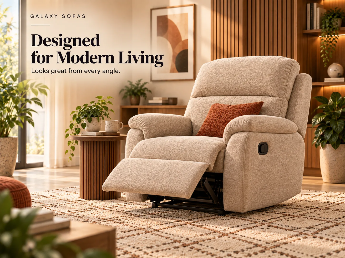 Orbit Recliner Sofa in beige fabric with the footrest extended and a rust cushion, beside a fluted wooden side table