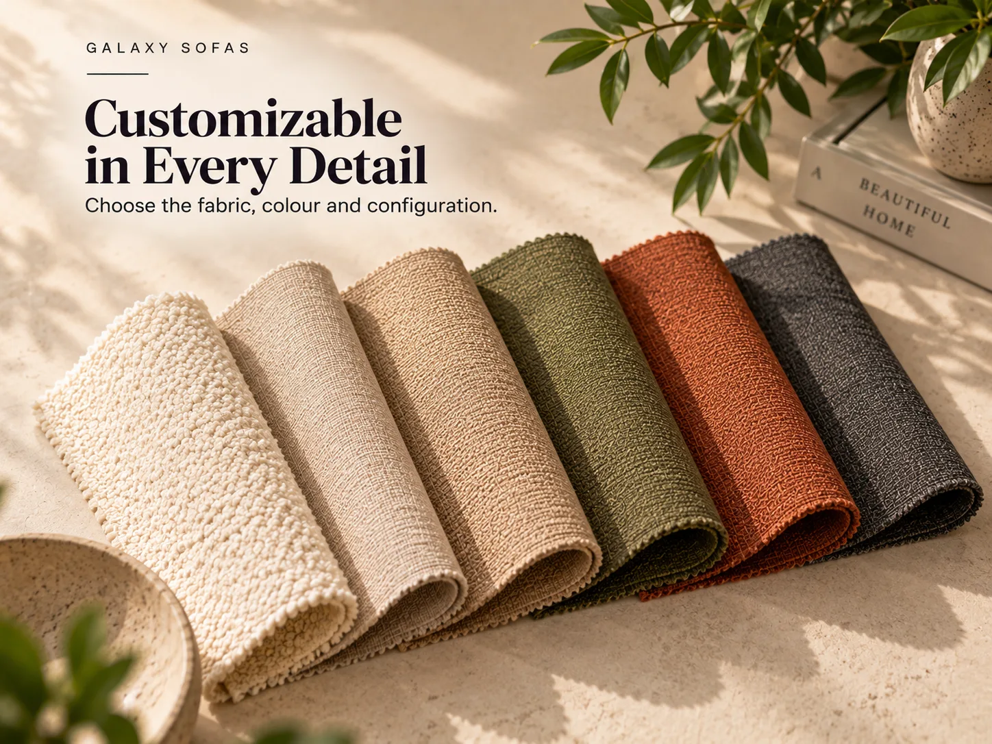 Six upholstery fabrics folded side by side — cream boucle, oatmeal and beige weaves, olive, rust and charcoal