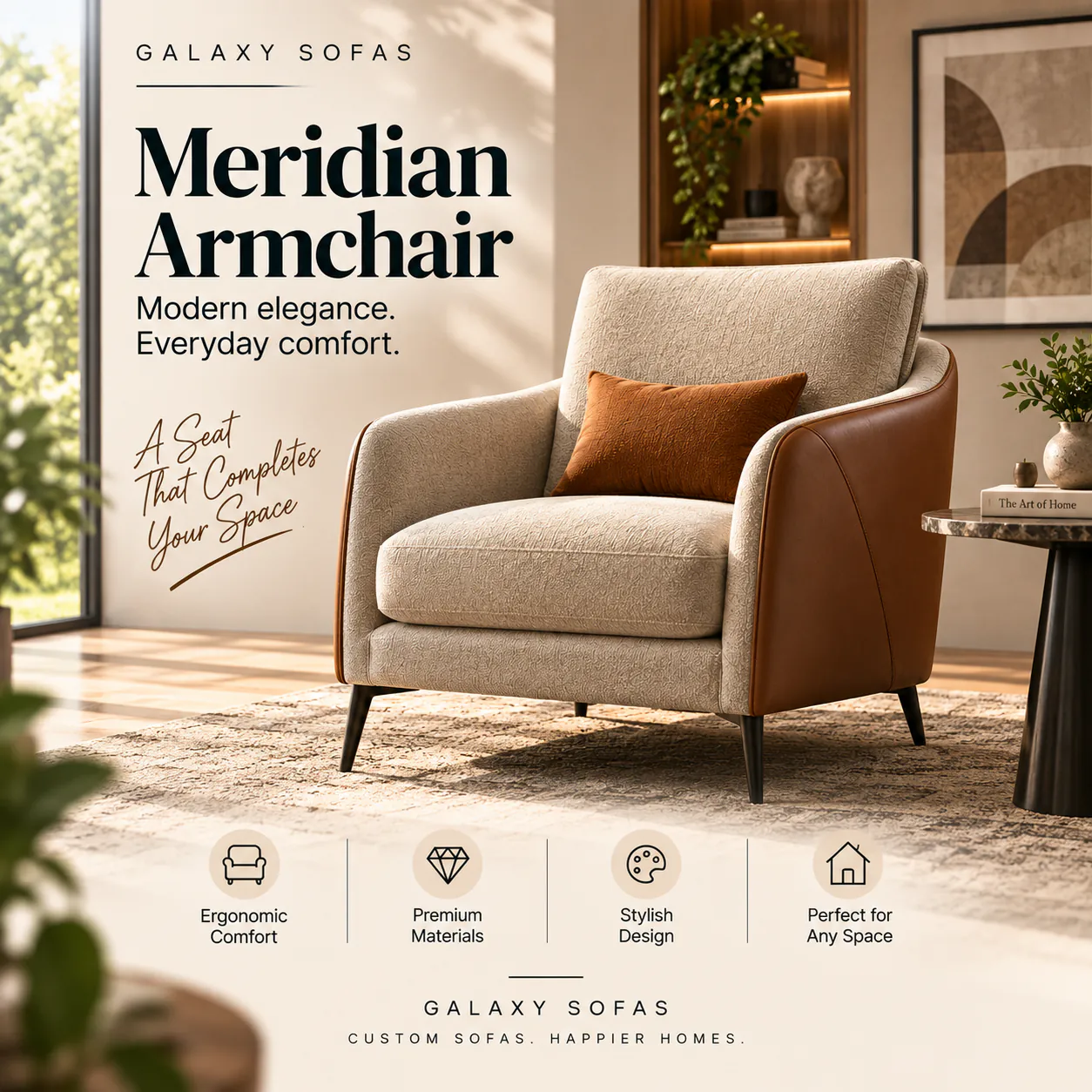 Meridian Armchair in cream boucle with a tan leather outer shell and a rust bolster cushion