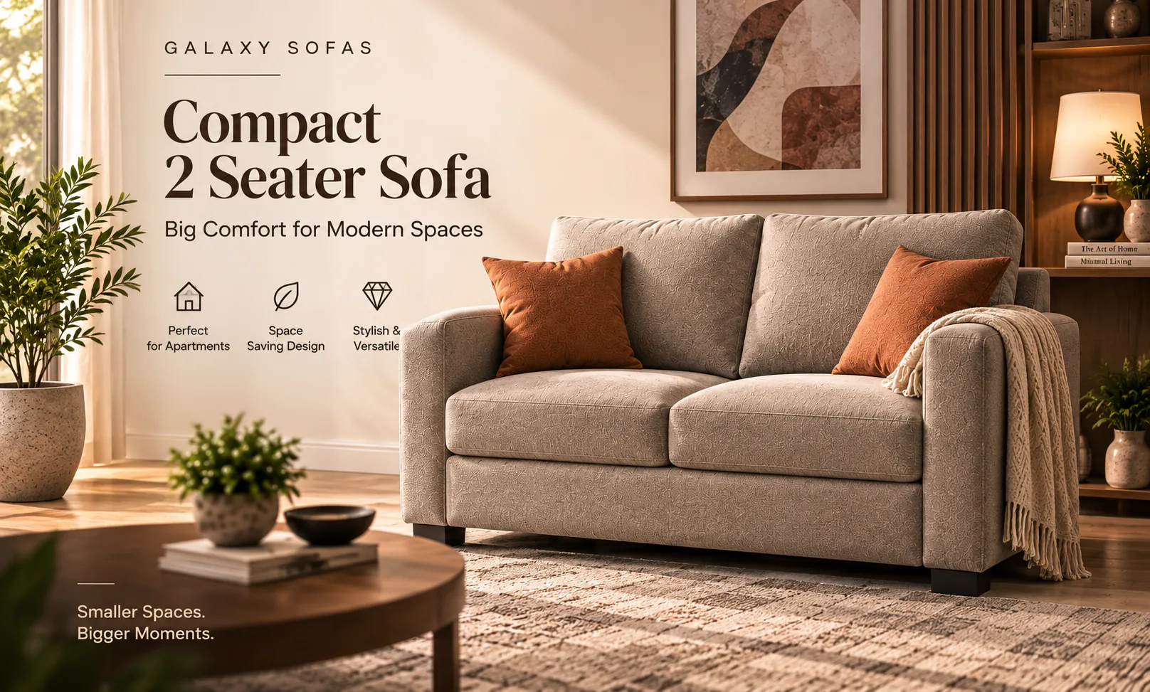 Compact 2 Seater Sofa in cream fabric with rust and cream cushions, beside a balcony window