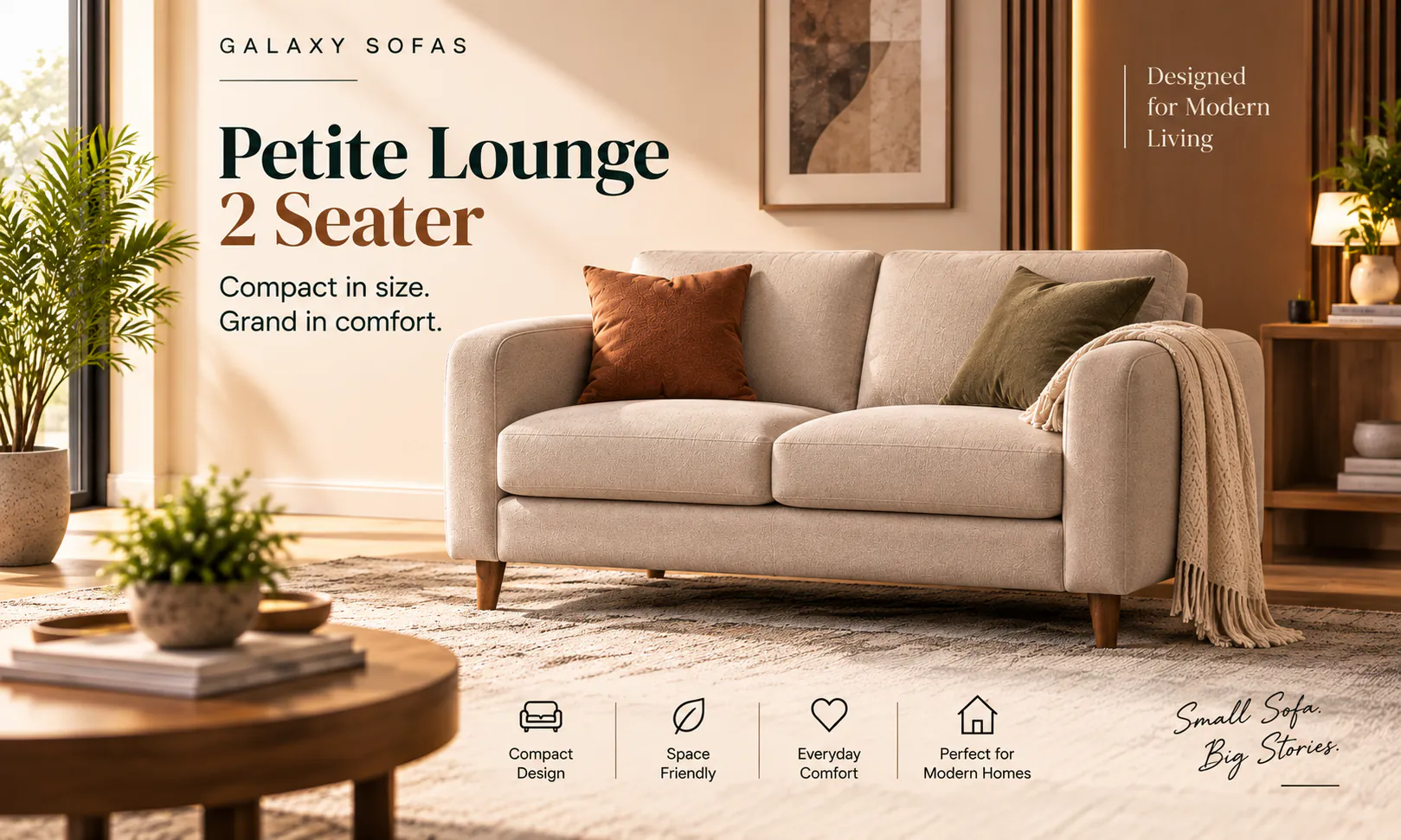 Petite Lounge 2 Seater in cream fabric with rust cushions and a throw, in a living room lit for the evening