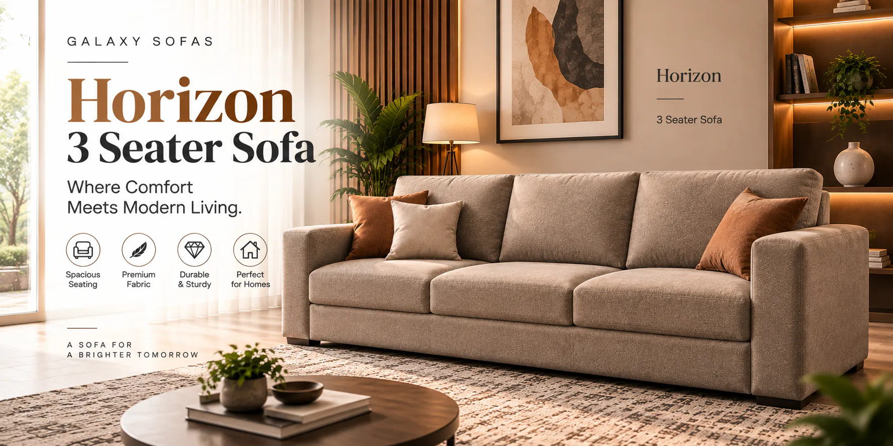 Horizon 3 Seater Sofa in taupe fabric with rust and cream cushions, below a pair of framed prints