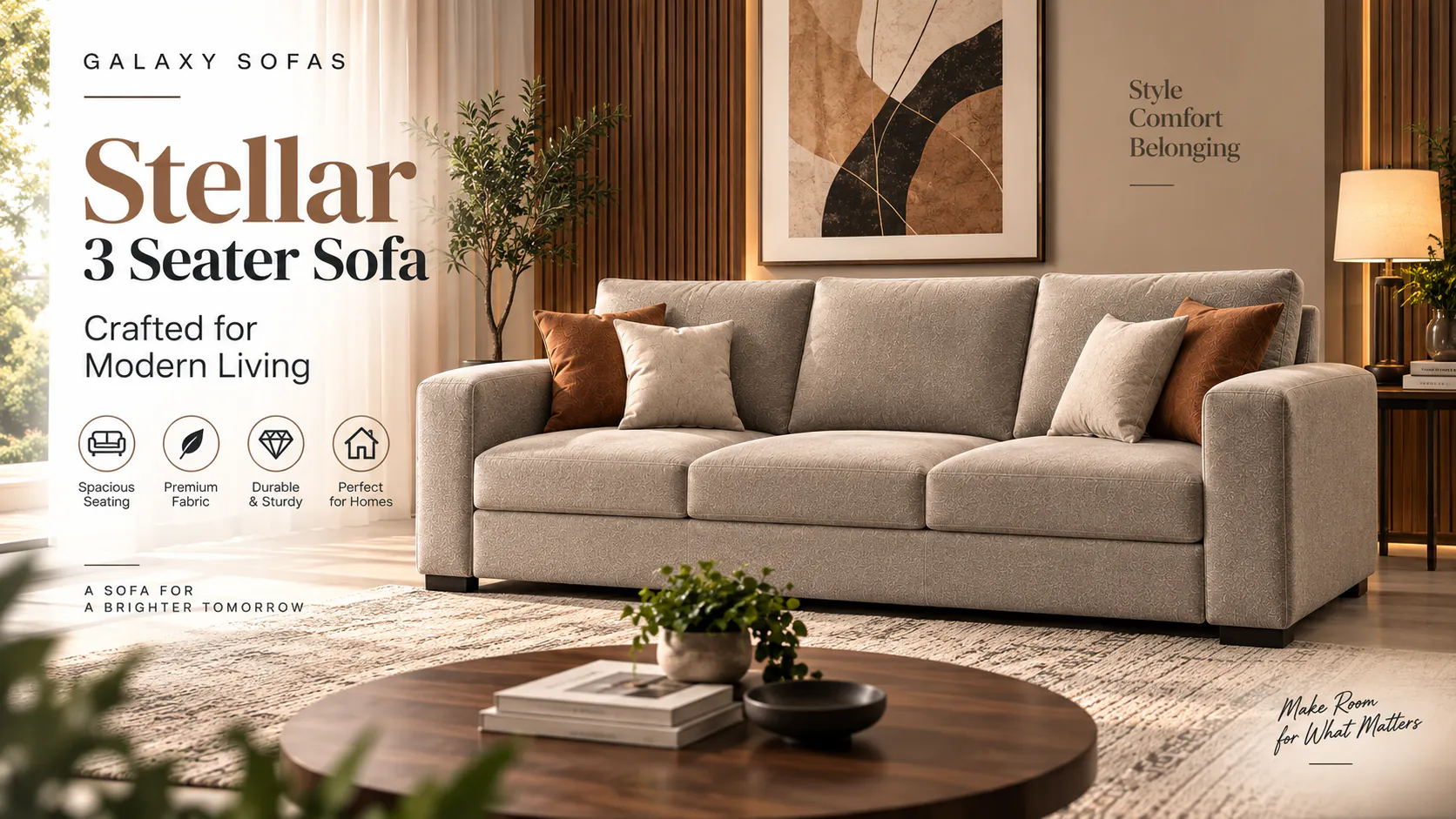 Stellar 3 Seater Sofa in cream fabric with rust and cream cushions and a knitted throw, below a pair of framed prints