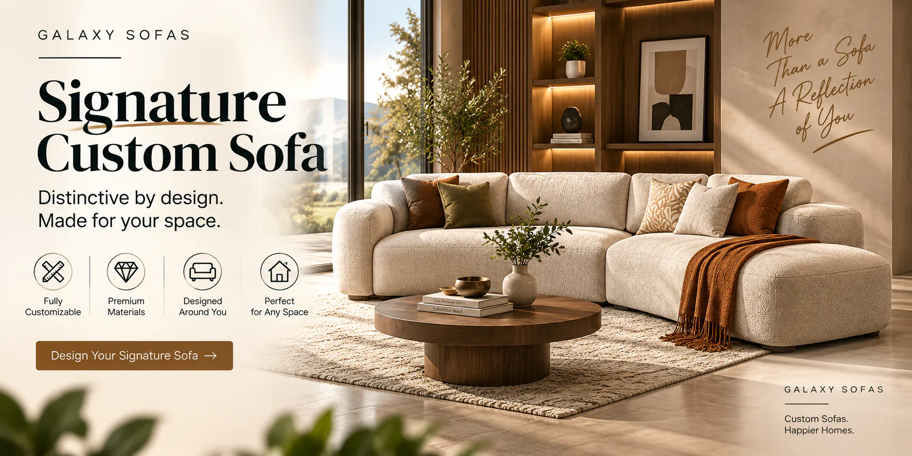 Six upholstery fabrics folded side by side — cream boucle, oatmeal and beige weaves, olive, rust and charcoal