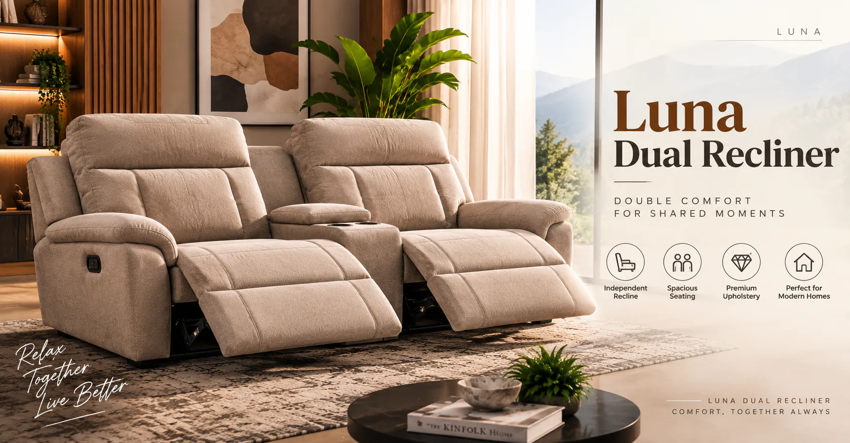 Luna Dual Recliner in beige fabric with both footrests extended and a centre console with cup holders