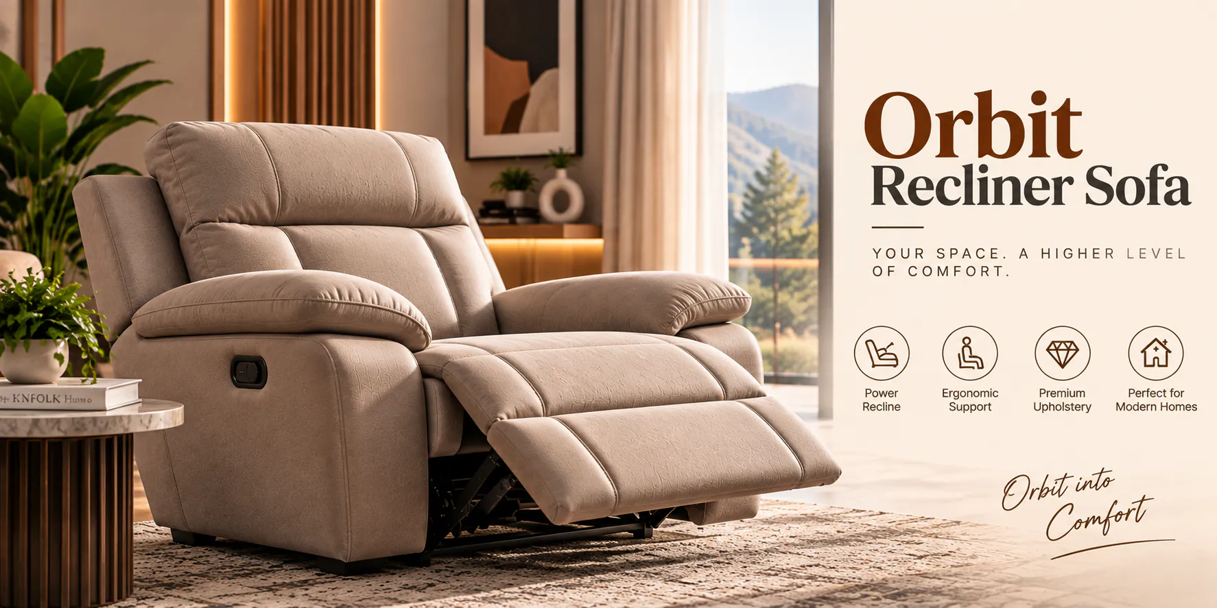 Orbit Recliner Sofa in beige fabric with the footrest extended and a rust cushion, beside a fluted wooden side table