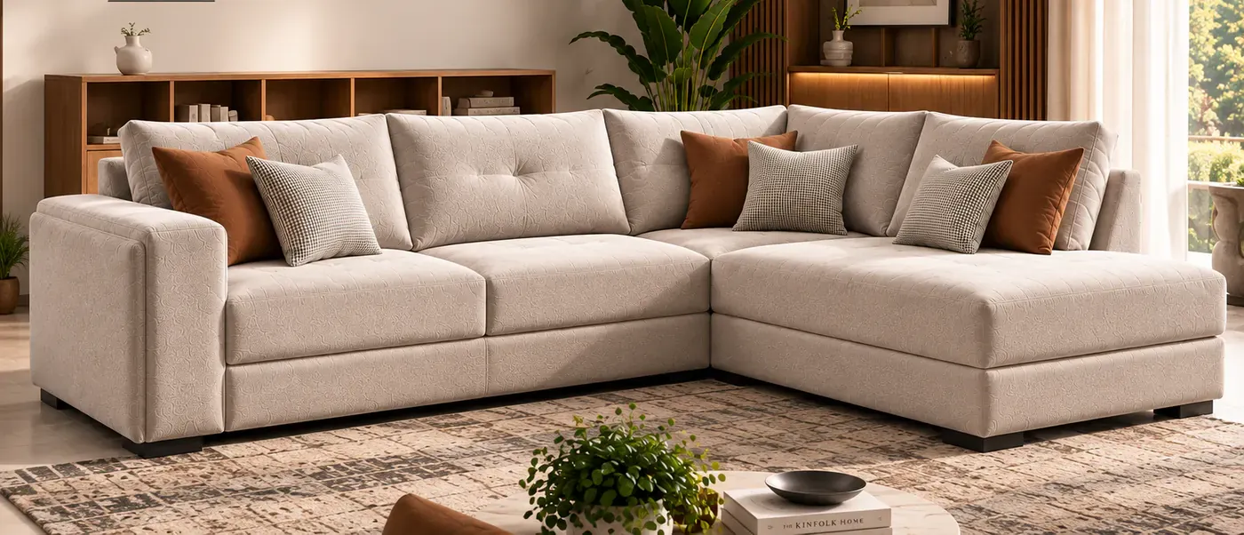 Cream textured-fabric L shape sofa with rust and check cushions, in a sunlit living room