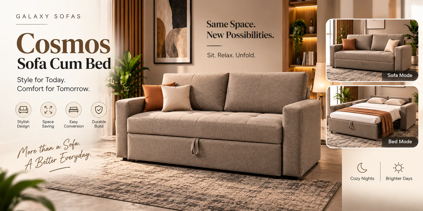 Cosmos Sofa Cum Bed opened out into bed mode with a rust throw, with an inset photo showing it closed in sofa mode