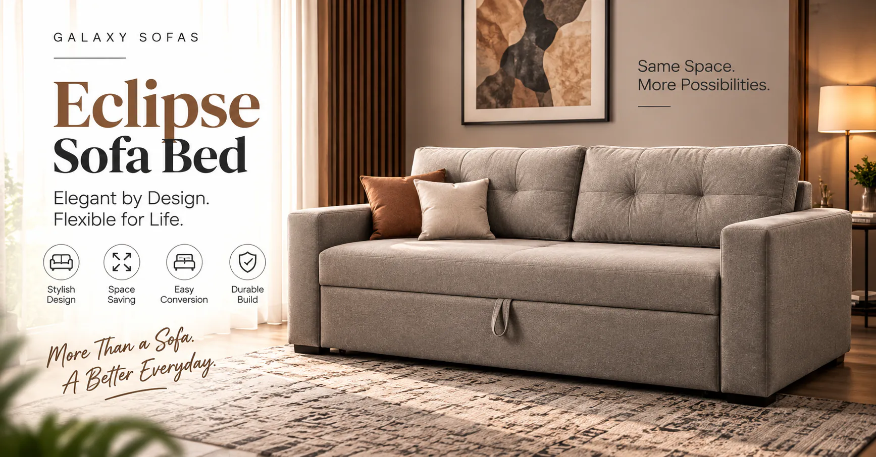 Eclipse Sofa Bed closed as a two seater in cream fabric, with rust cushions and a pull tab on the seat front