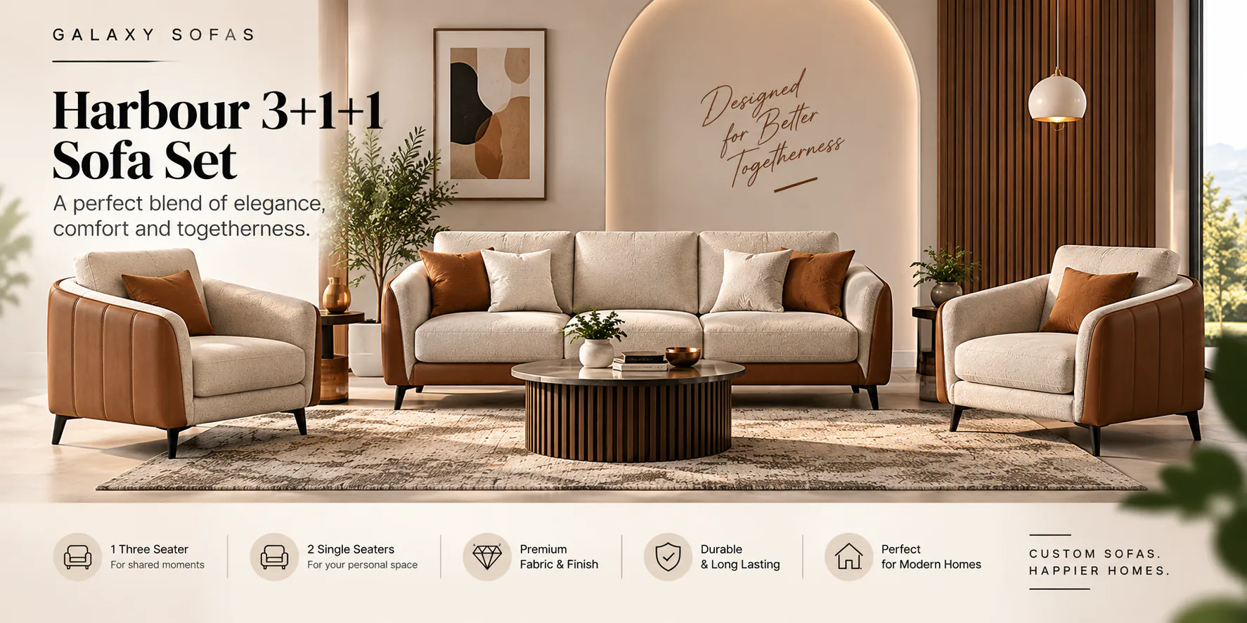 Harbour 3+1+1 Sofa Set — a three seater and two armchairs in cream fabric on tan leather bases
